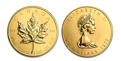 Maple Leaf Gold 1979 1 oz Gold - Vorder- und Rückseite der Goldmünze